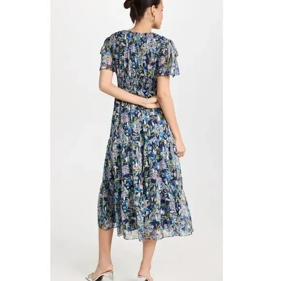 SHOSHANNA Midnight Lenora Midi Dress Navy Silver Multi Floral Smocked Tuckernuck - Picture 3 of 8